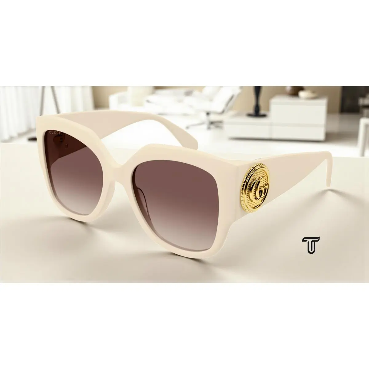 GG1407S 004 Rectangular Squared Acetate Ivory Brown 54mm Womens Sunglasses by Gucci