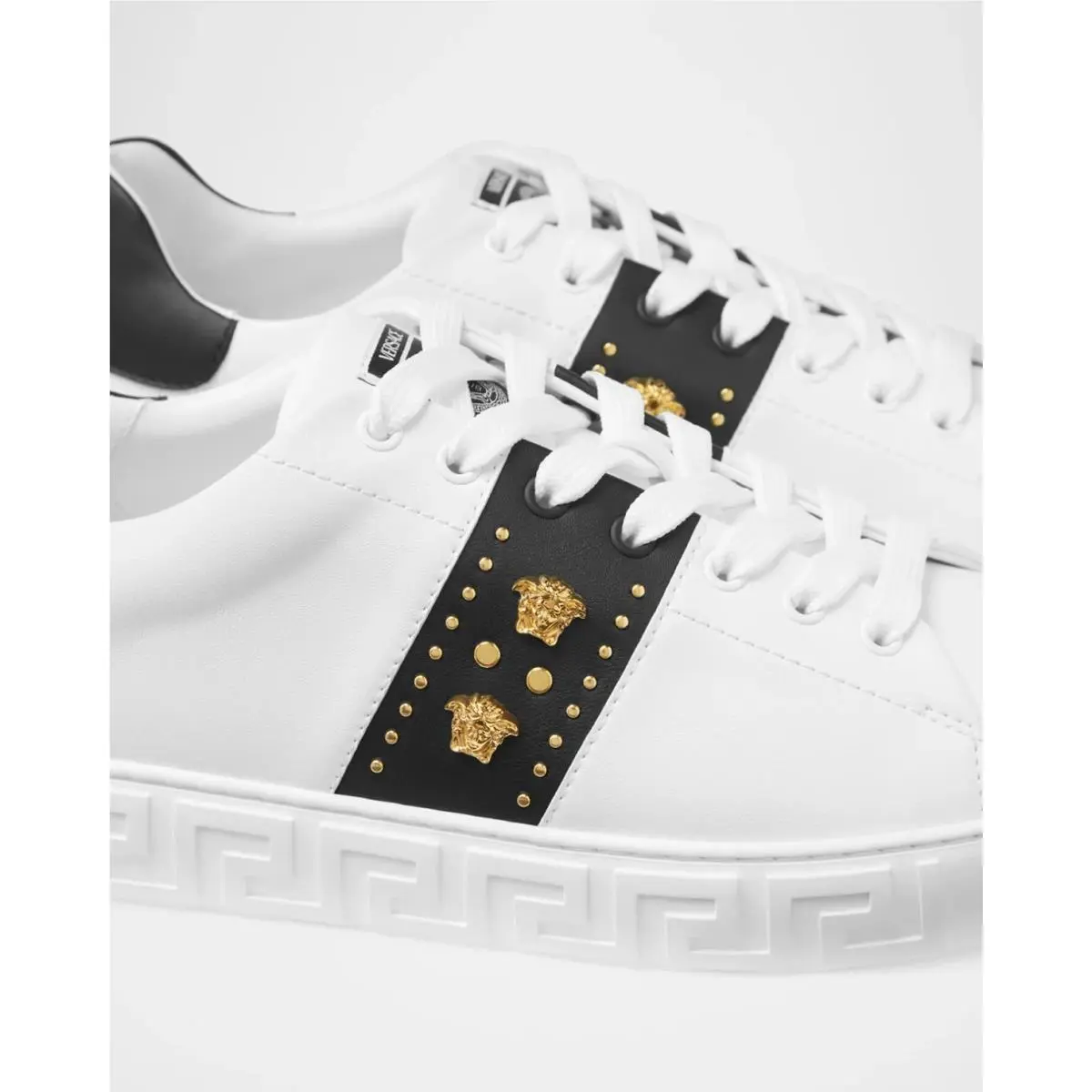Men`s Designer Lleather Low Top Sneakers Flat Heel Round Toe Logo White by Versace