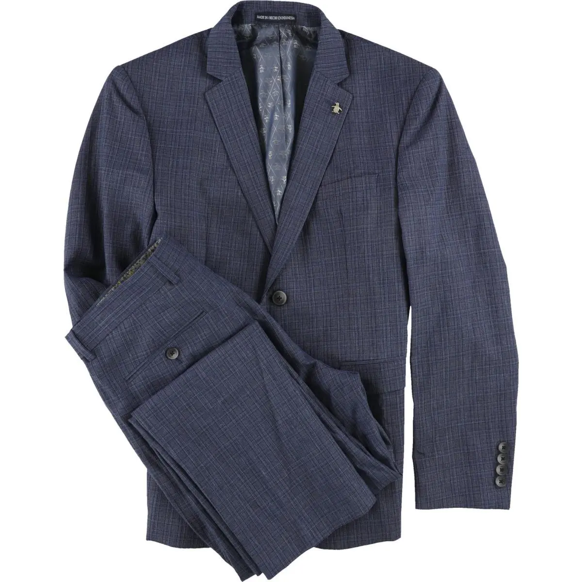 Original Penguin Mens Blue Plaid Two Button Formal Suit Medblue 40 33W x 30L