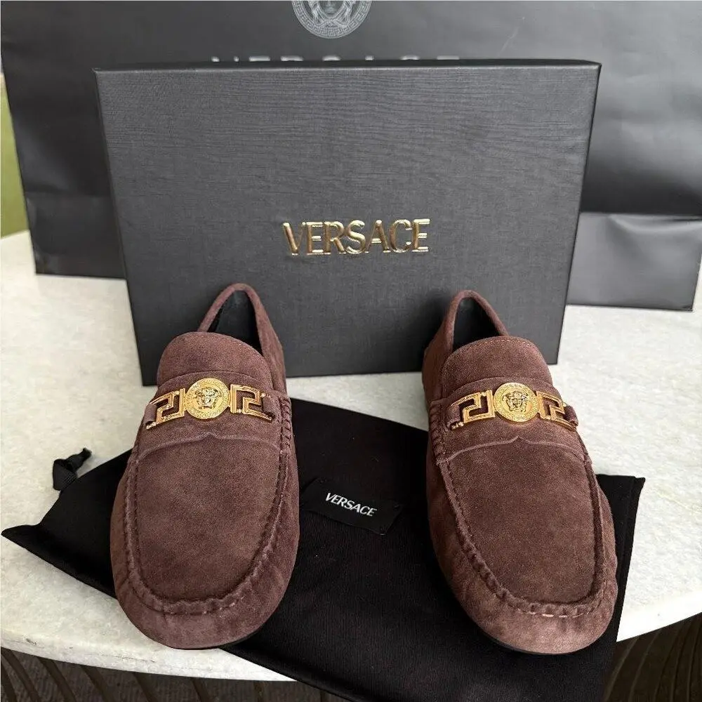 Versace 1009707 Medusa Men`s Brown Suede Driver Shoes 40.5