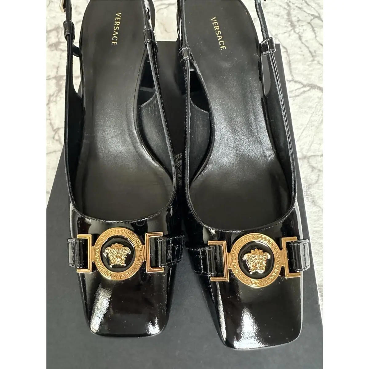 Versace Women Big Gold Medusa Black Patent Leather Heeled Pumps Shoes 7.5/38
