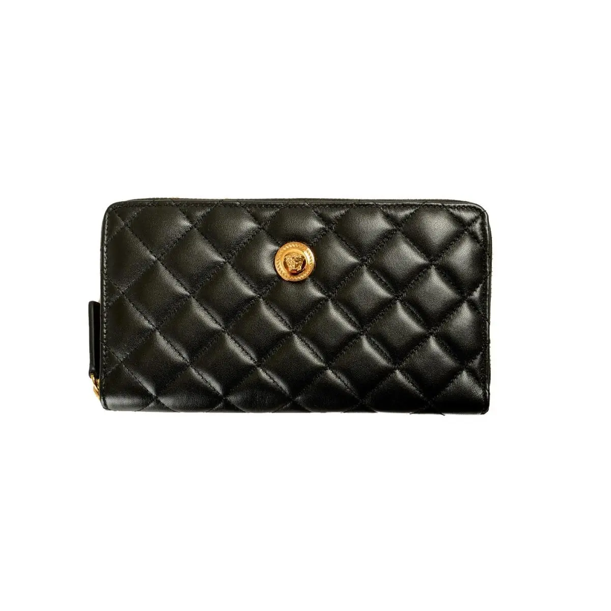 Versace Black Quilted Leather Gold Medusa Zip Around Wallet