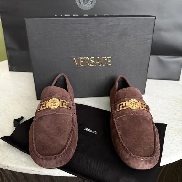 Versace 1009707 Medusa Men`s Brown Suede Driver Shoes 40