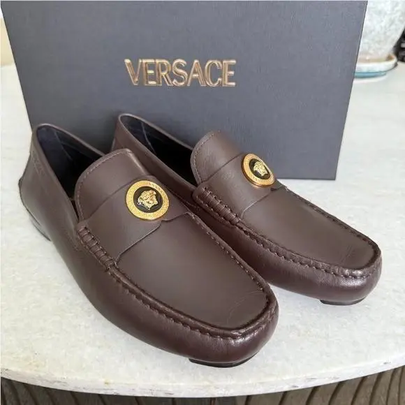 Versace 1015591 Dark Brown Leather Driver Shoes with Medusa Plaque sz 41