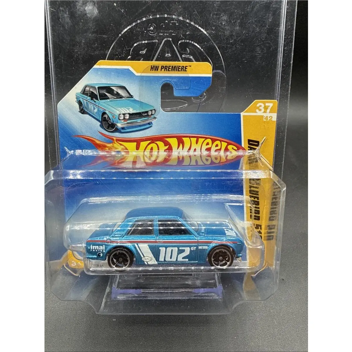 a 2009 Hot Wheels Ultra Rare Blue Datsun Bluebird 510 Short Card HW Premiere Jdm