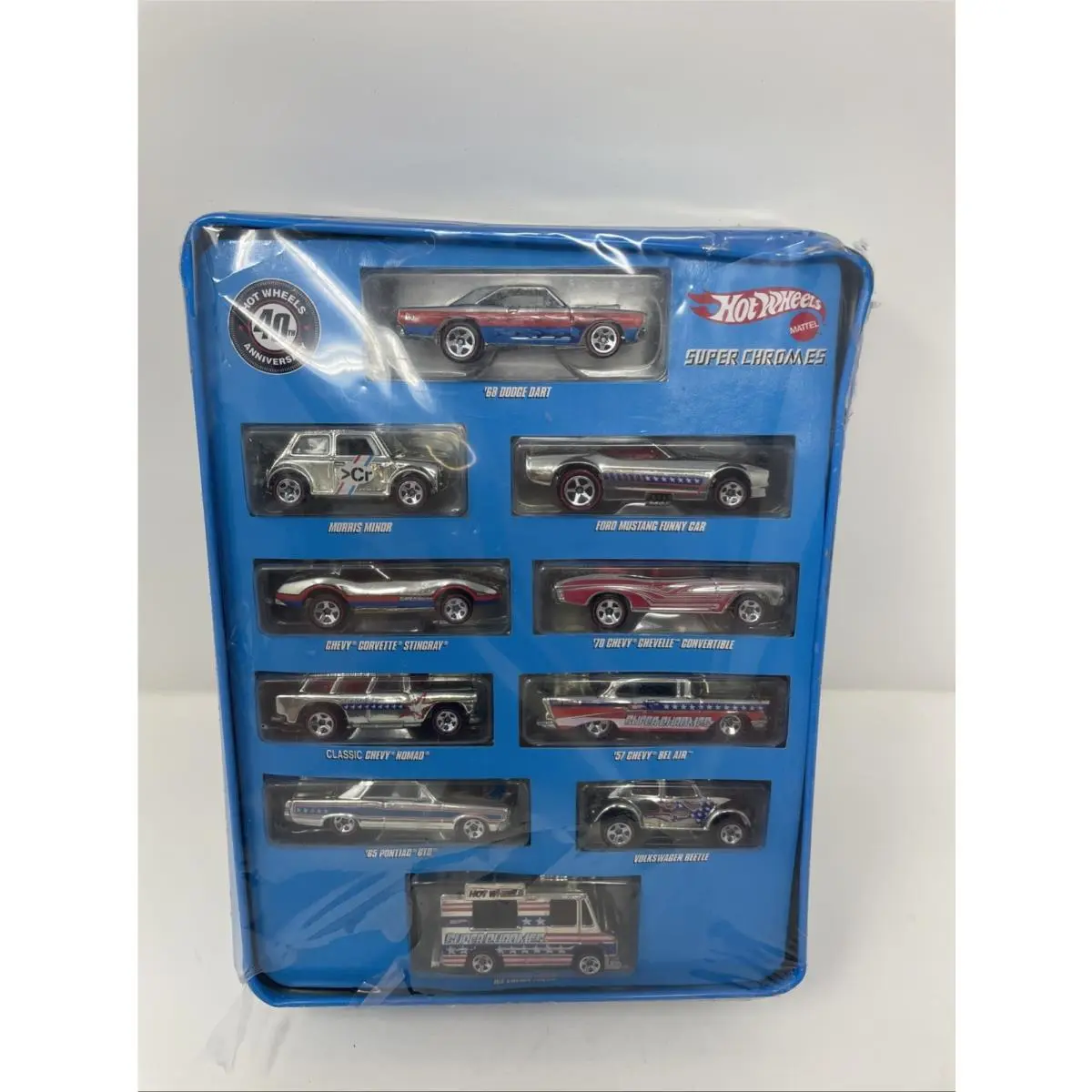 Hot Wheela Super Chromes 10 Car Set 40TH Anniversary Car Tin Tears In Seal