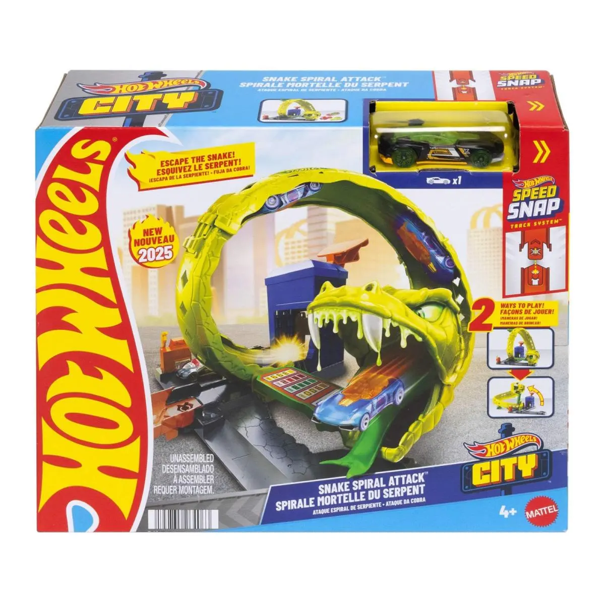 Hot Wheels Toy Car Track Set Snake Gas Station Playset with 1:64 Scale Die-cast
