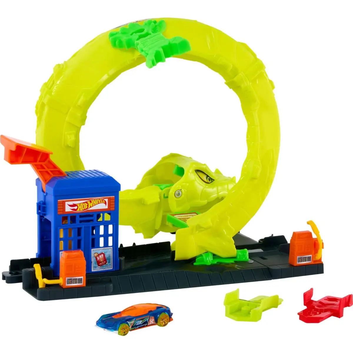 Hot Wheels Toy Car Track Set Snake Gas Station Playset with 1:64 Scale Die-cast
