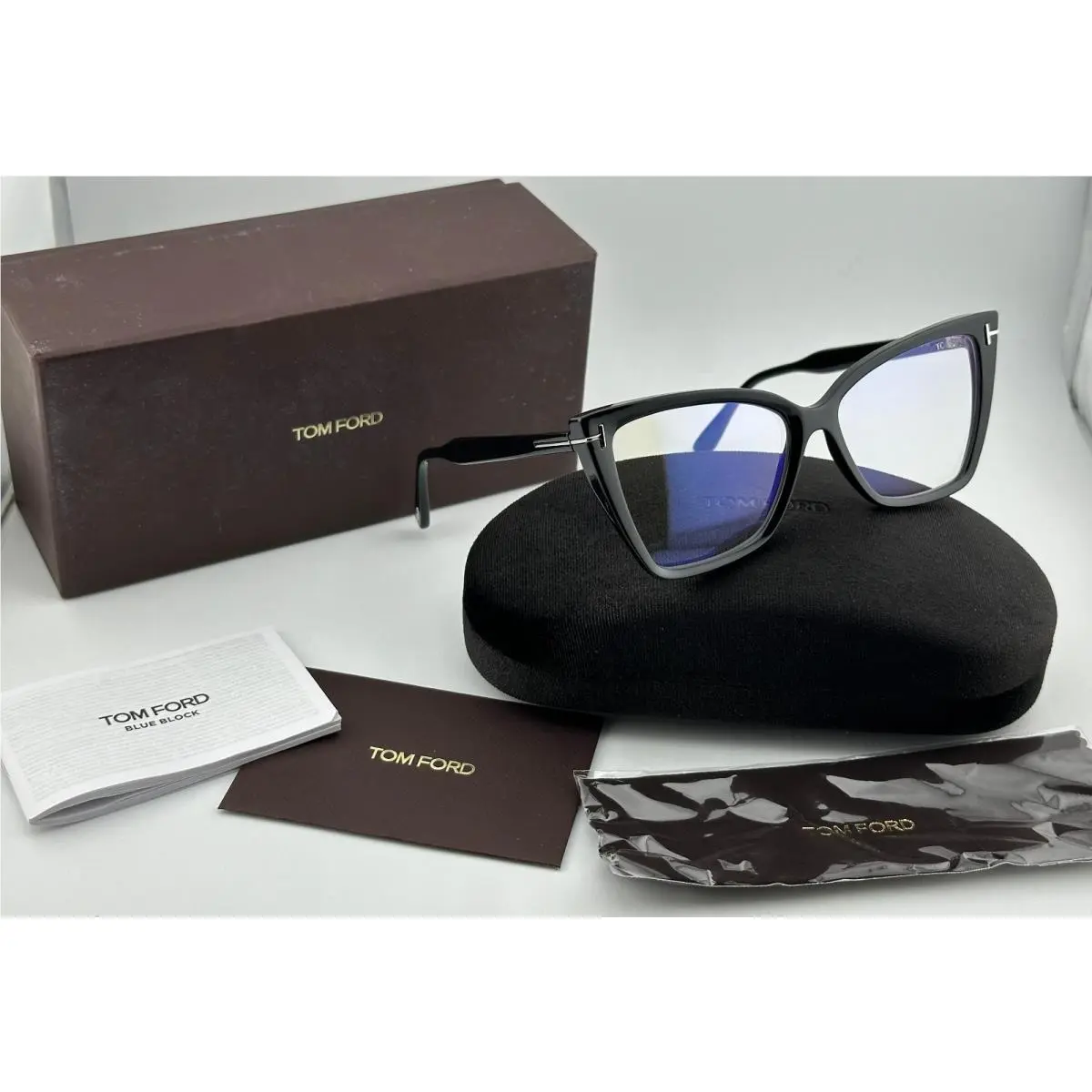 Tom Ford FT5844 B 001 Shiny Black Blue Block Lens 55 mm Women`s Eyeglasses