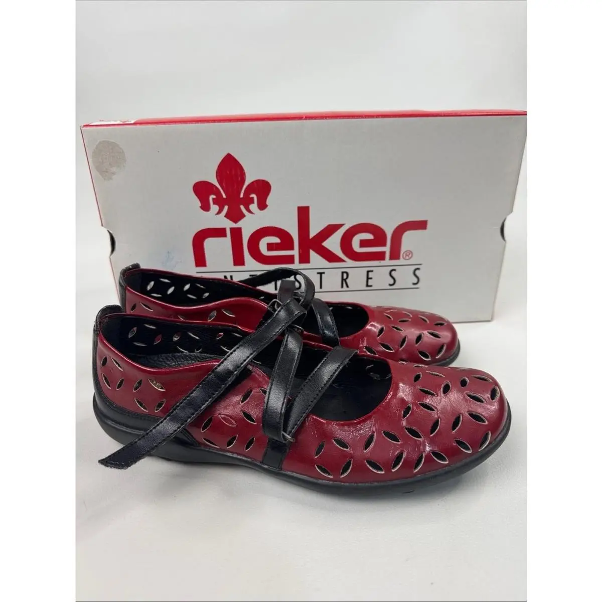 Rieker Red Leather Mary Jane Flats Black Cross Straps Size 38