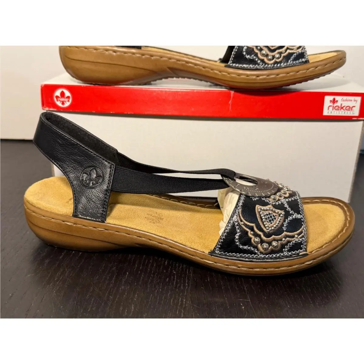 Rieker Regina 608B9 Beaded Sandals Black Womans EU 40/US 8.5-9M