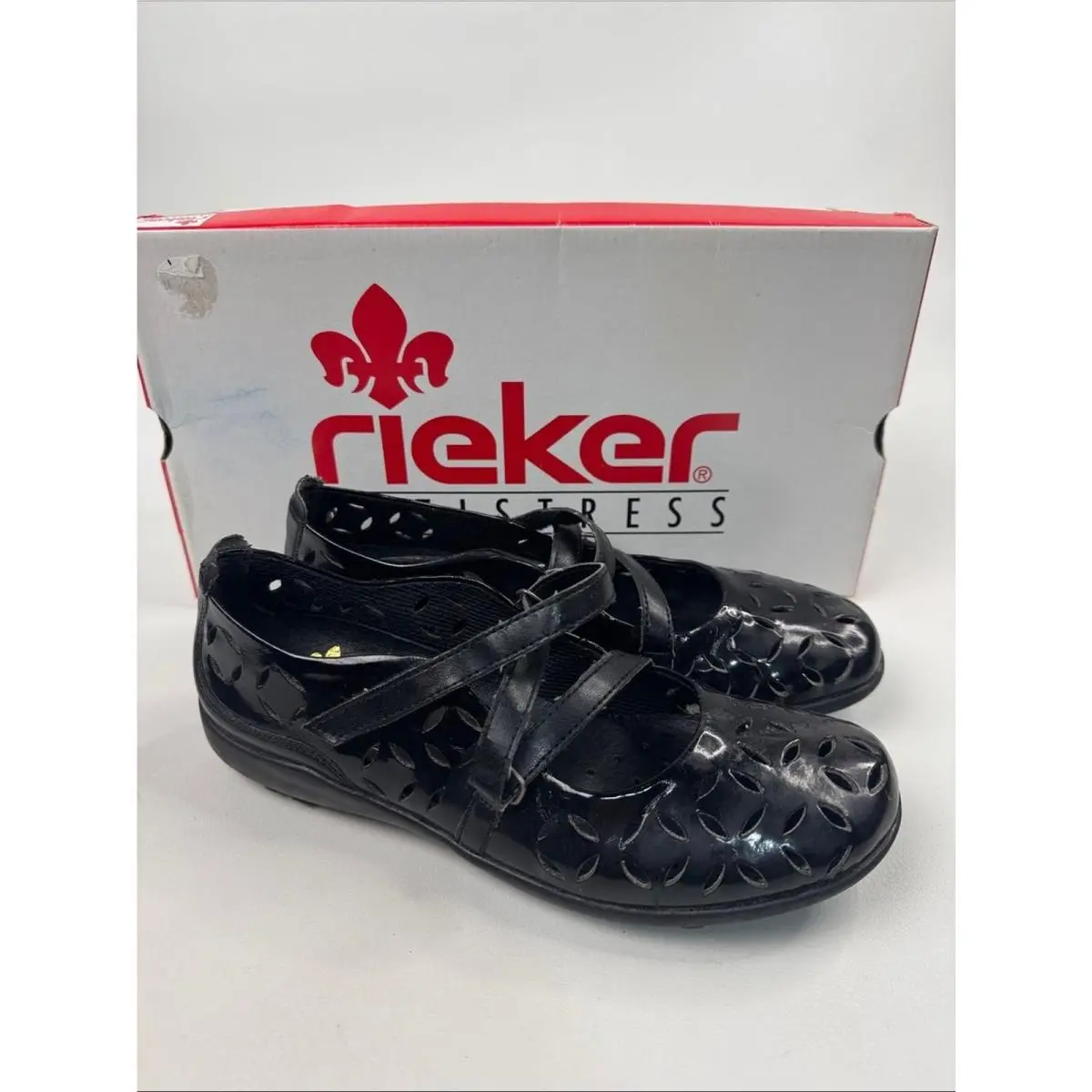 Rieker Black Leather Cutout Mary Jane Flats Shoes Size 38