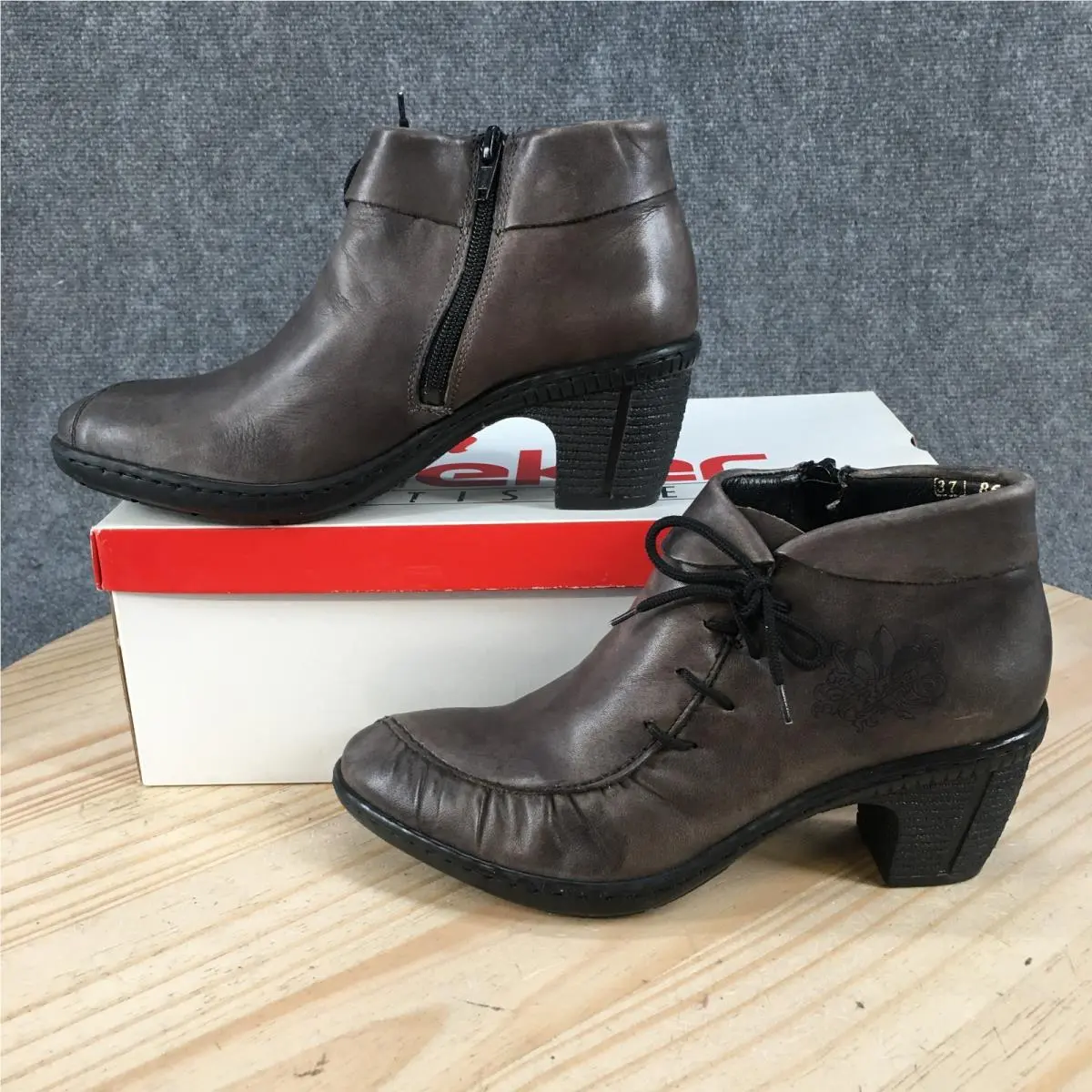 Rieker Rebecca 50223 Ankle Boots Womens 37 Side Zip Heels Bow Leather Gray