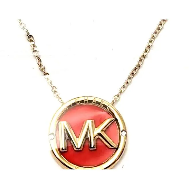 Michael Kors Yellow Gold Tone Orange Enamel MK Logo Necklace Gift Box