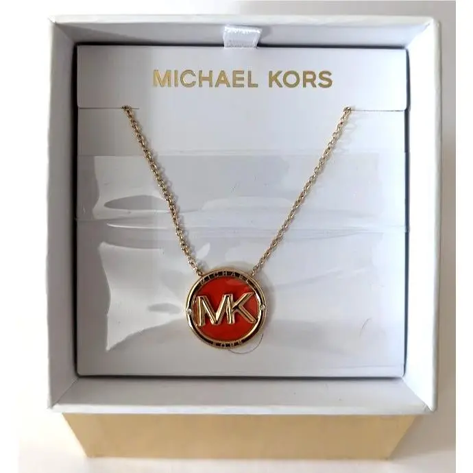 Michael Kors Yellow Gold Tone Orange Enamel MK Logo Necklace Gift Box