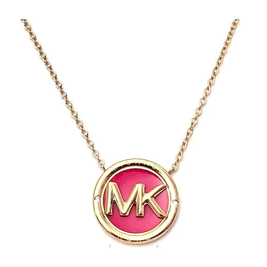 Michael Kors Yellow Gold Tone Pink Enamel MK Logo Necklace Gift Box