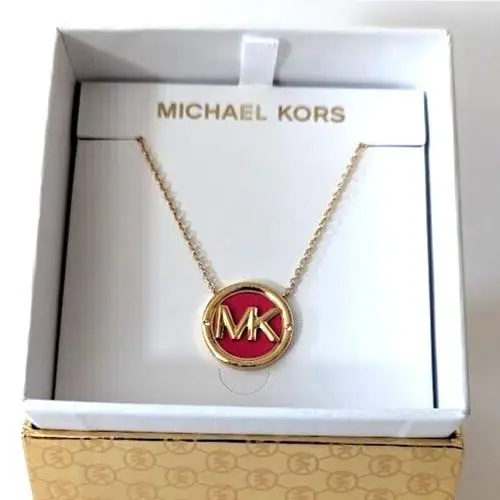 Michael Kors Yellow Gold Tone Pink Enamel MK Logo Necklace Gift Box