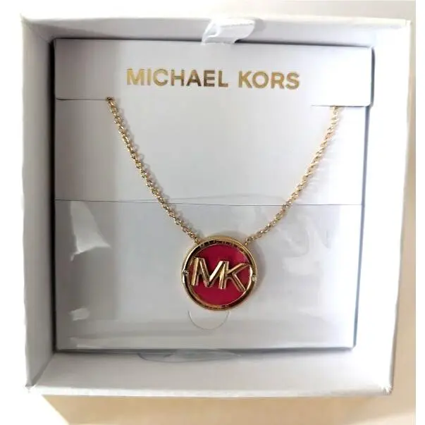 Michael Kors Yellow Gold Tone Pink Enamel MK Logo Necklace Gift Box