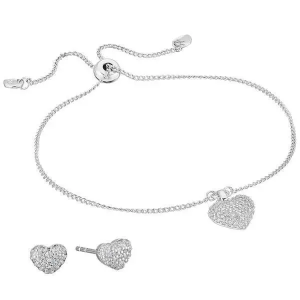 Michael Kors Sterling Silver Pavé Puffed Heart Slider Bracelet Stud Earrings