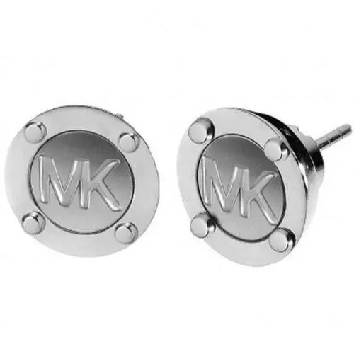 Michael Kors Silver Tone Round MK Logo Earrings with Gift Box