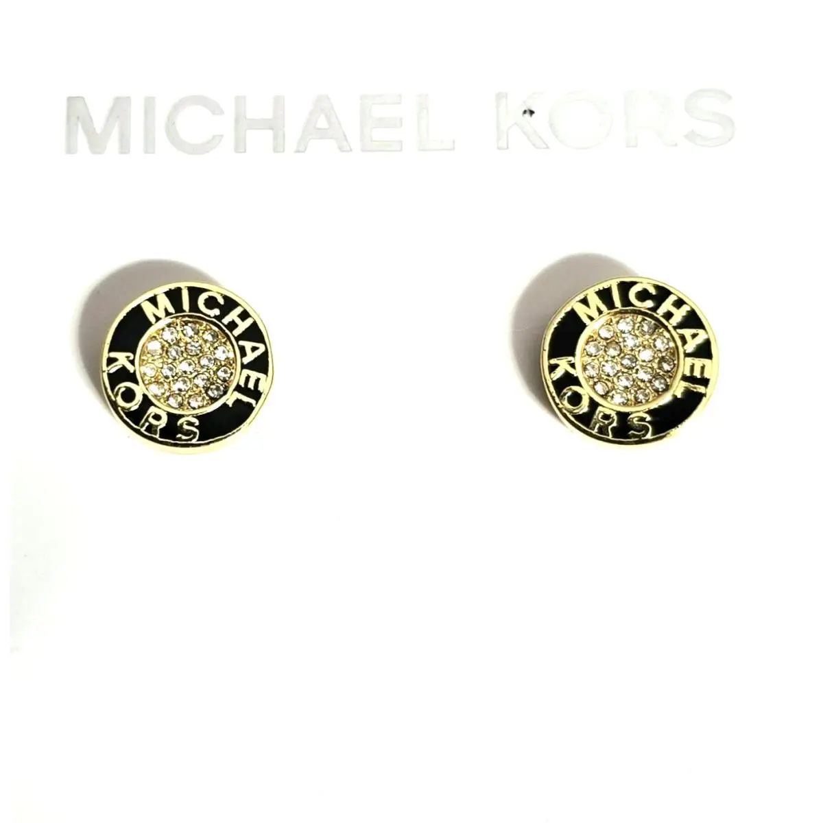 Black Gold Tone Plaque Crystals Round Stud Signature Earrings by Michael Kors