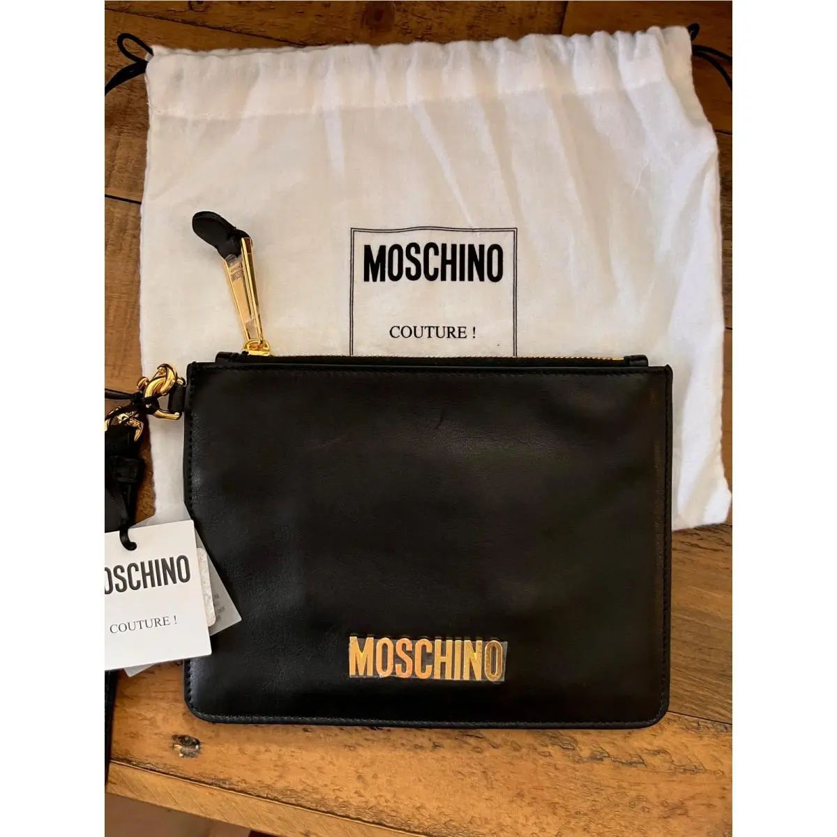 Moschino Couture Logo Zip Pouch Wristlet Black Leather with Dust Bag
