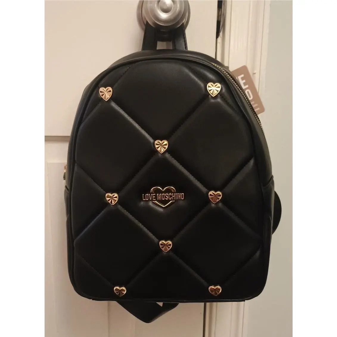 Love  Quilted Studded 3D Gold Hearts Black Classic Backpack Adorable by Moschino