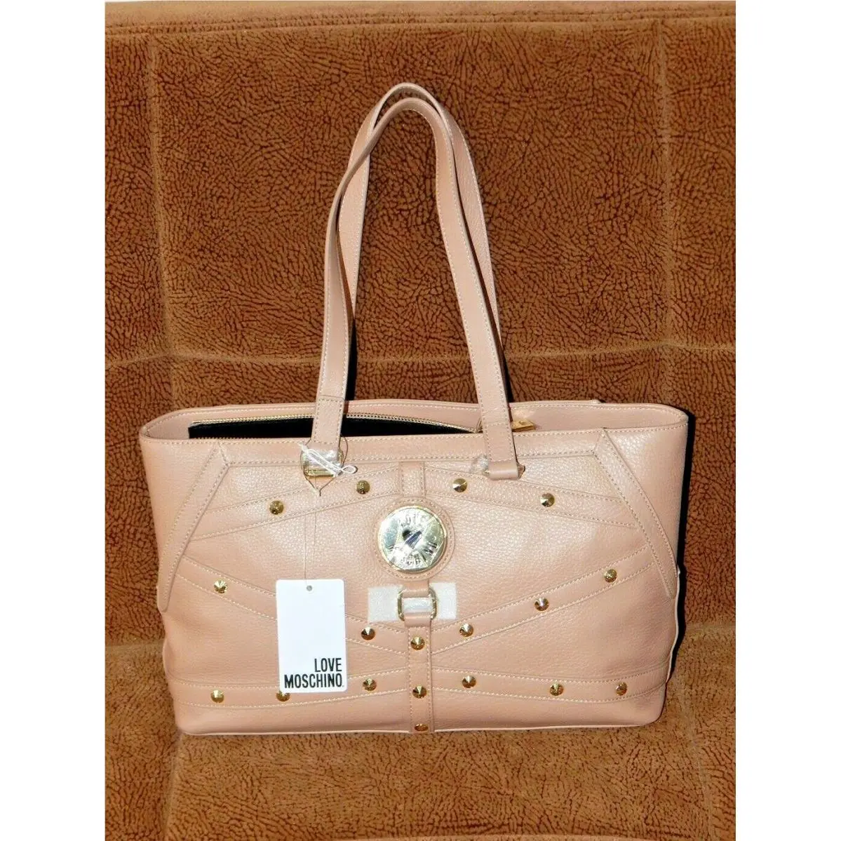 Love Moschino Grain Leather Studs Adorned Large Satchel Shoulder Bag Taupe