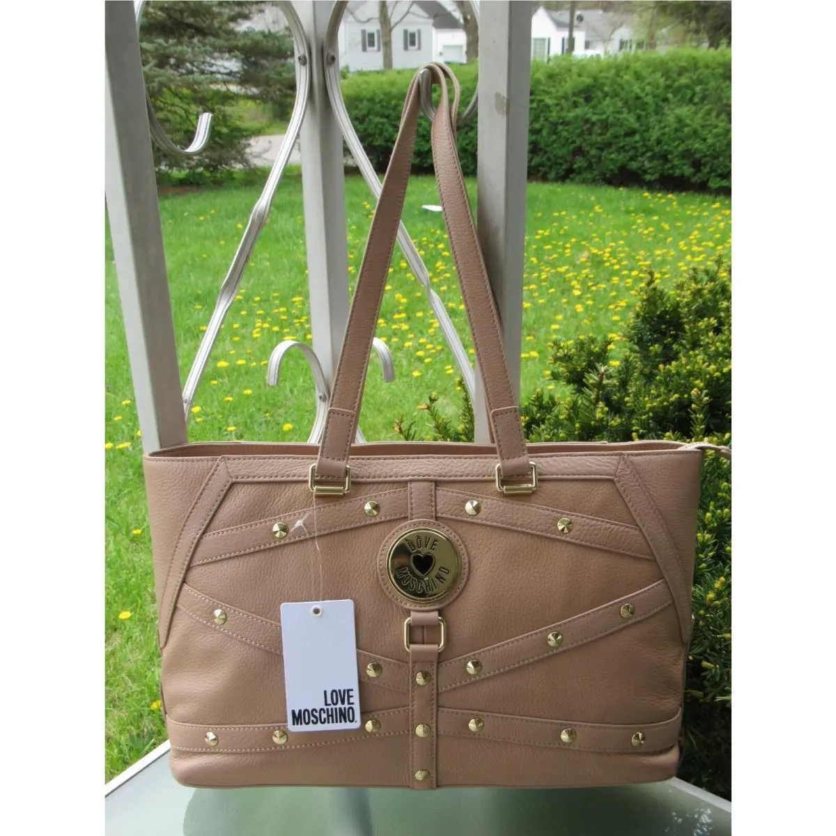 Love Moschino Purse Borsa Vit Taupe Leather Gold Studded Shoulder Bag