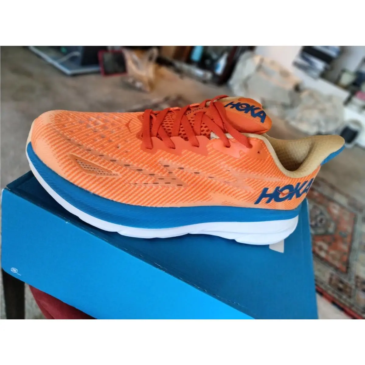Hoka Men Running Shoes Orange Blue Clifton 9 SZ 11 D