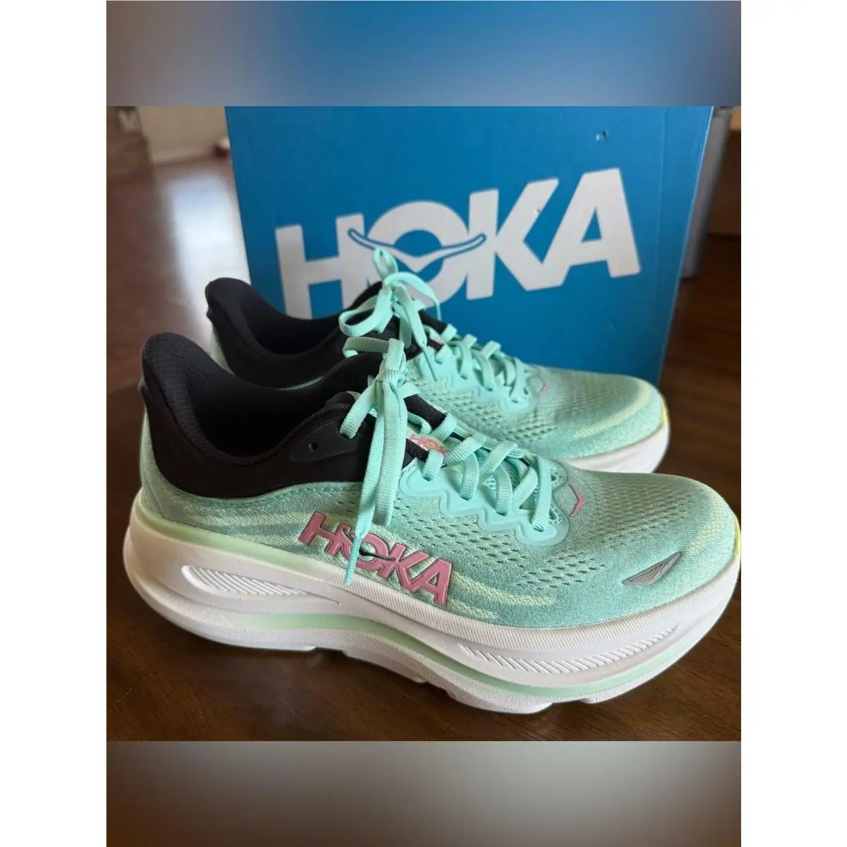 Hoka Bondi 9 Shoes Womens 7.5 B Blue Spark Green Mint Running Cushion Thick Sole