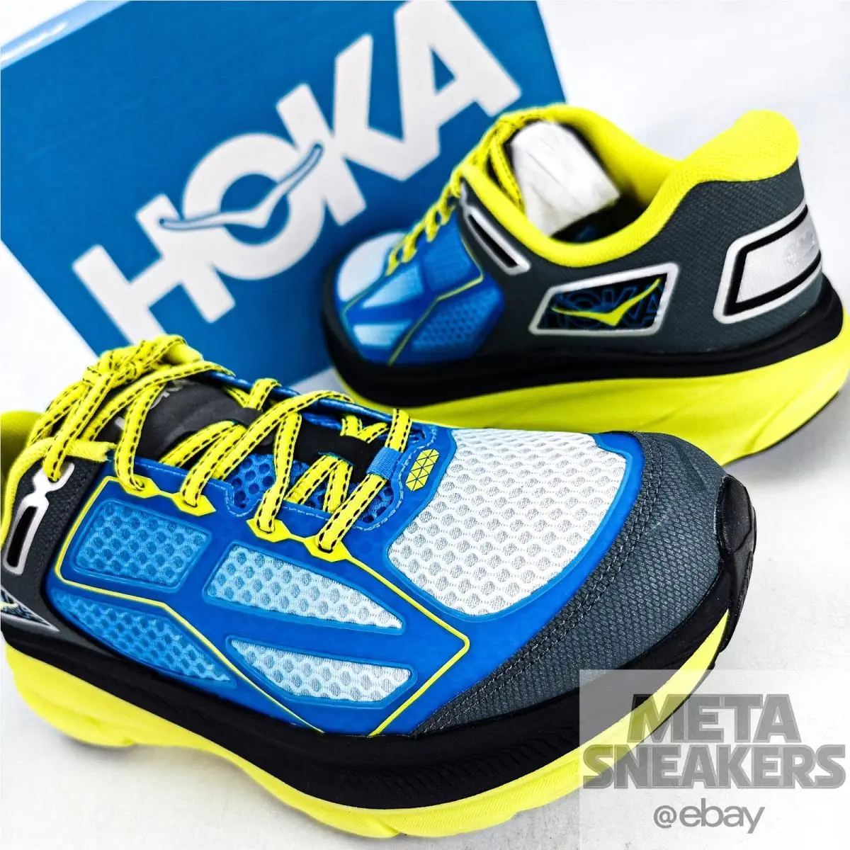 Hoka One One US 11.5 Men`s Blue Citrus Yellow Grey Clifton One9 1155370 Hhk