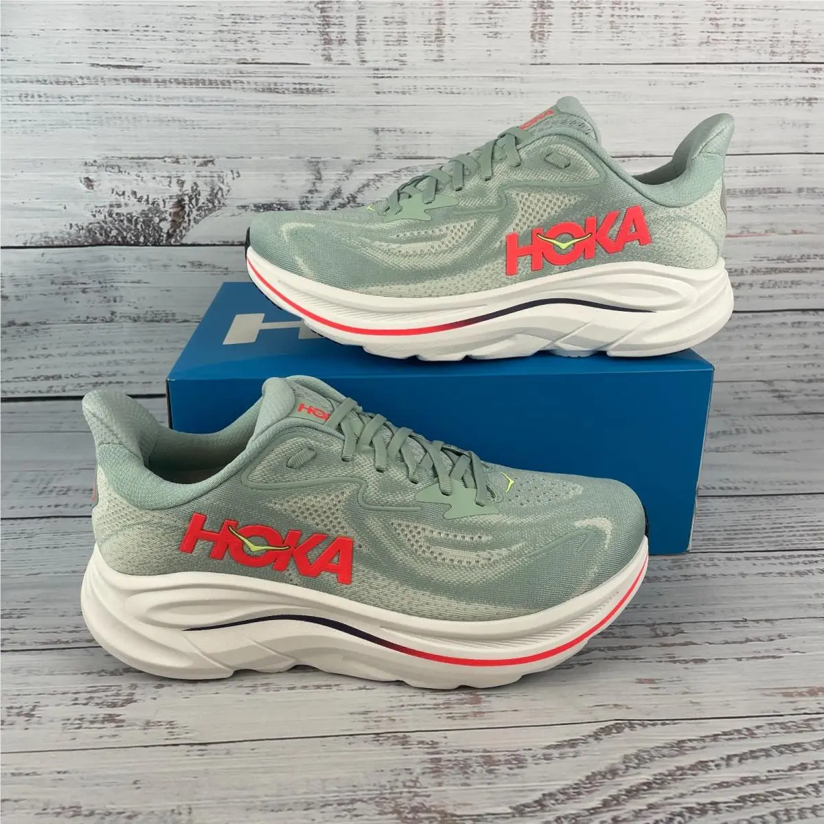 Hoka Clifton 10 Men’s 10.5 2E Wide Running Shoes Sage / Neon Flame