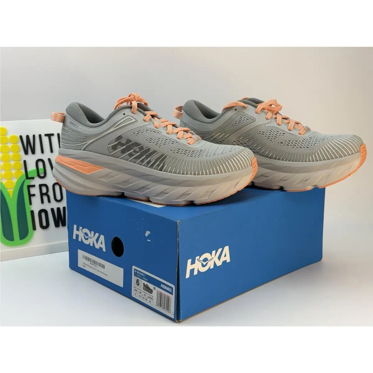 Hoka One One Bondi 7 Running Shoes Womens Size 6 Gray Orange Sneakers Sharksk