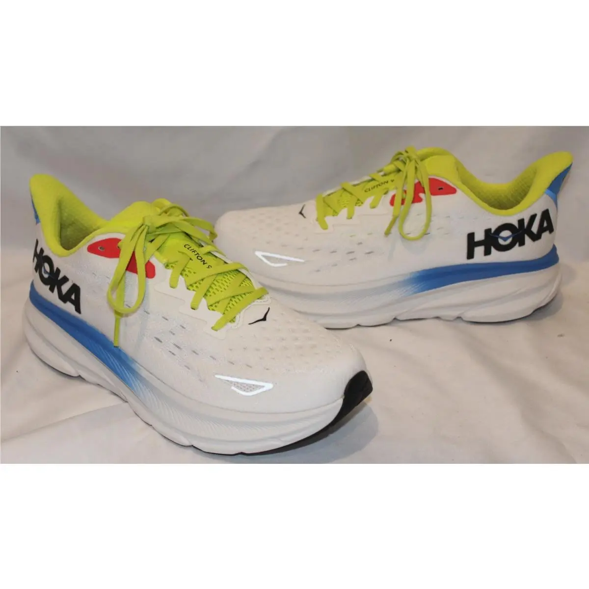 Hoka One Men`s Clifton 9 Running Athletic Sneakers Bvr White Blue Yellow 12