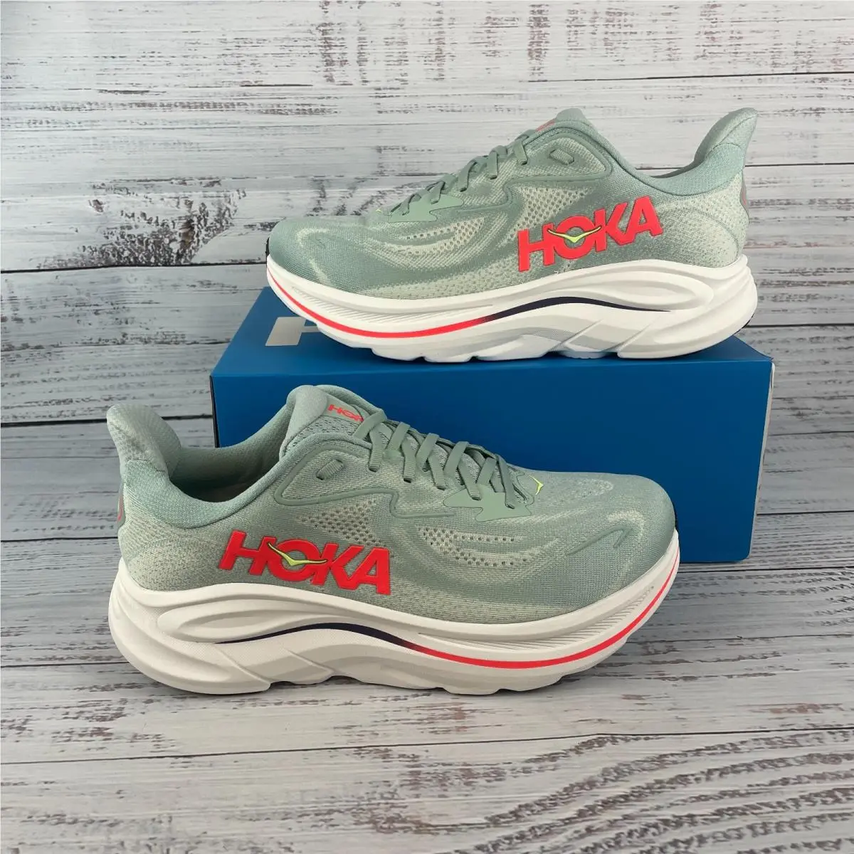 Hoka Clifton 10 Men’s 11.5 2E Wide Running Shoes Sage / Neon Flame
