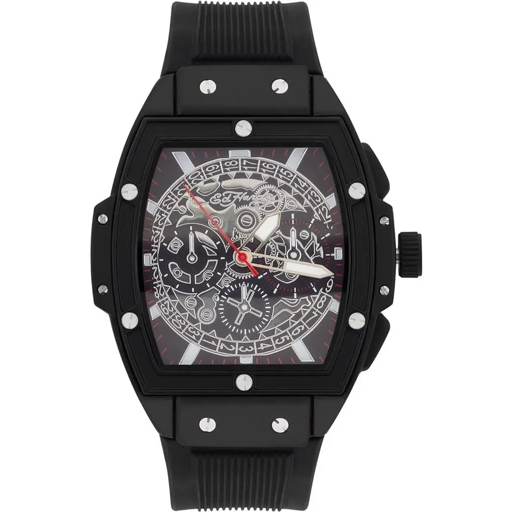Men`s Oversized Black Watch Exposed Gear Style Dial Silver by Ed Hardy