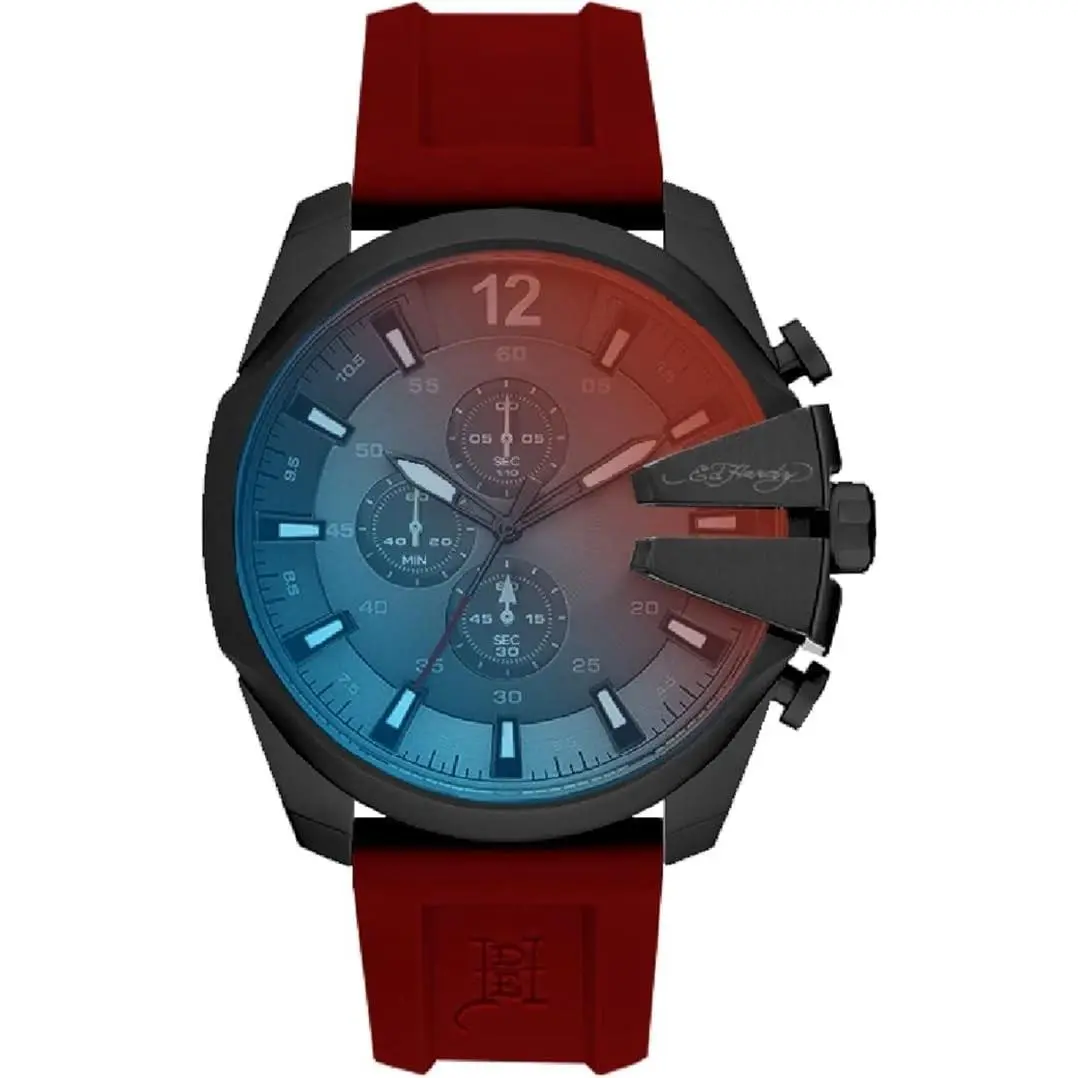Men`s Red Silicone Strap Watch Blue Amber Glass Dial Quartz by Ed Hardy