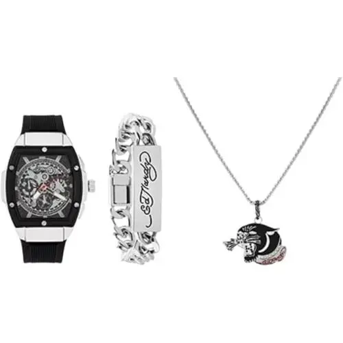 Men`s Watch Necklace Bracelet Set Silver Black Quartz Gift Bundle by Ed Hardy