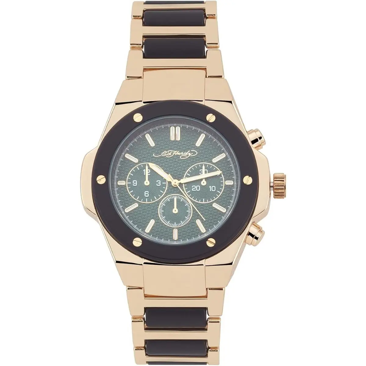 Men`s Gold Tone Bracelet Watch Green Dial Analog Quartz 46mm by Ed Hardy
