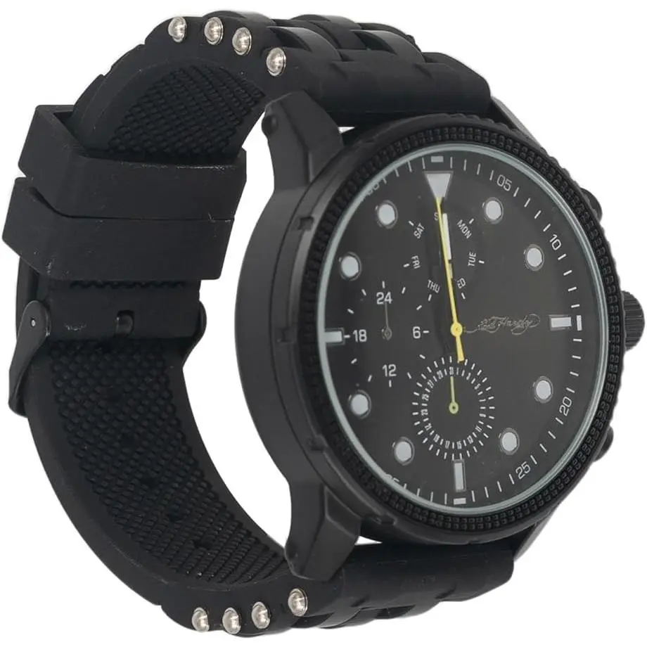 Men`s Black Dial Watch Black Silicone Strap Yellow Accent Quartz by Ed Hardy
