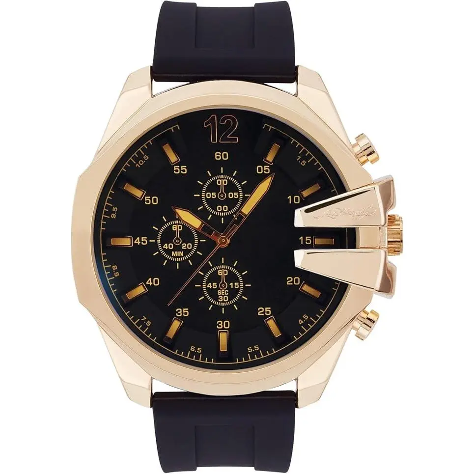 Men`s Gold Tone Watch Black Silicone Strap Yellow Crystal Quartz by Ed Hardy