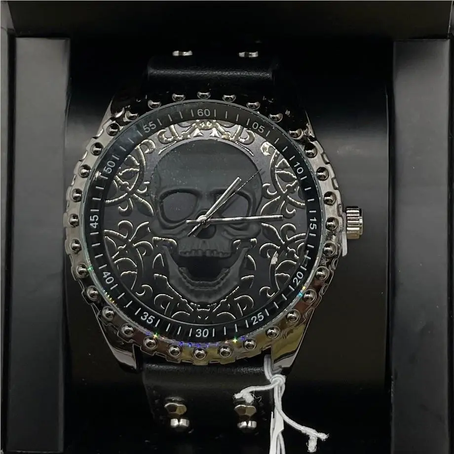 Mens Skull Watch Black Leather Studded Strap 36088B-42-G02 by Ed Hardy
