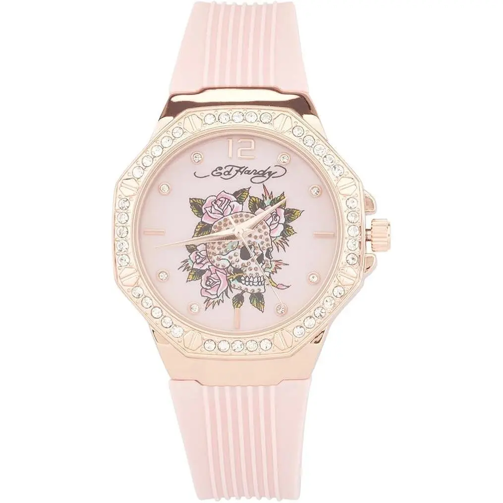 Ladies Pink Silicone Strap Watch Rose Gold Tone Skull Analog Quartz by Ed Hardy