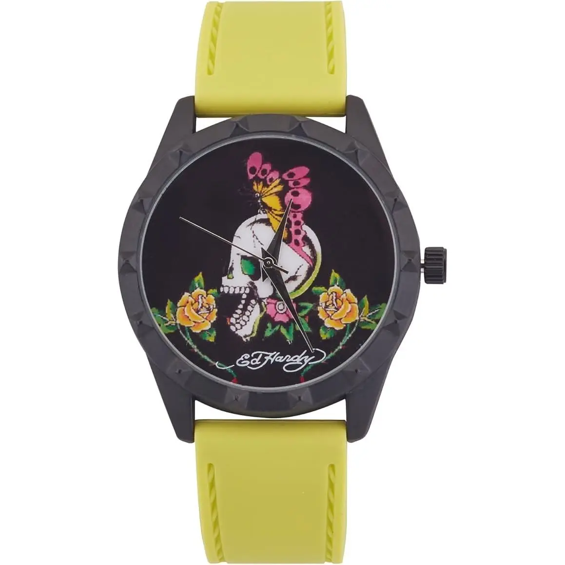 Women`s Skull Butterfly Dial Watch Neon Yellow Silicone Strap by Ed Hardy