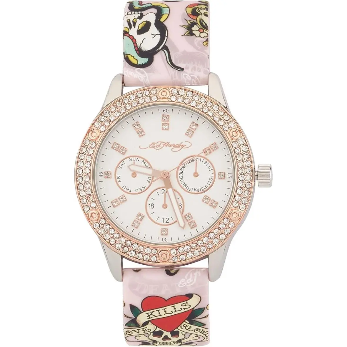 ED Hardy Ladies Light Silver Dial/matte Pink Artwork Silicone Strap Analog Watch by Ed Hardy