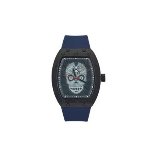 Men`s Crystal Skull Dial Watch Black Tonneau Case Navy Strap by Ed Hardy