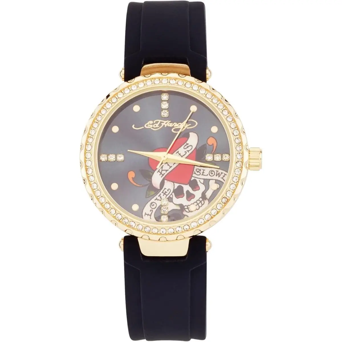 Women`s Black Silicone Strap Watch Heart Skull Dial Analog Quartz by Ed Hardy
