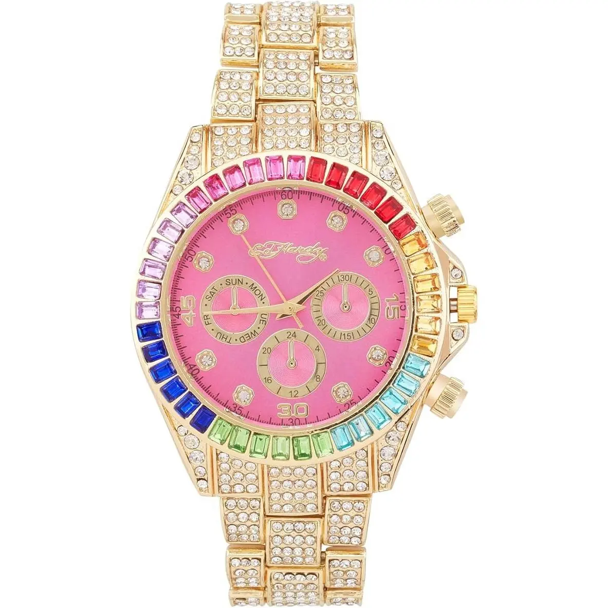 Women`s Gold Tone Bracelet Rainbow Watch Pink Dial Analog Quartz by Ed Hardy