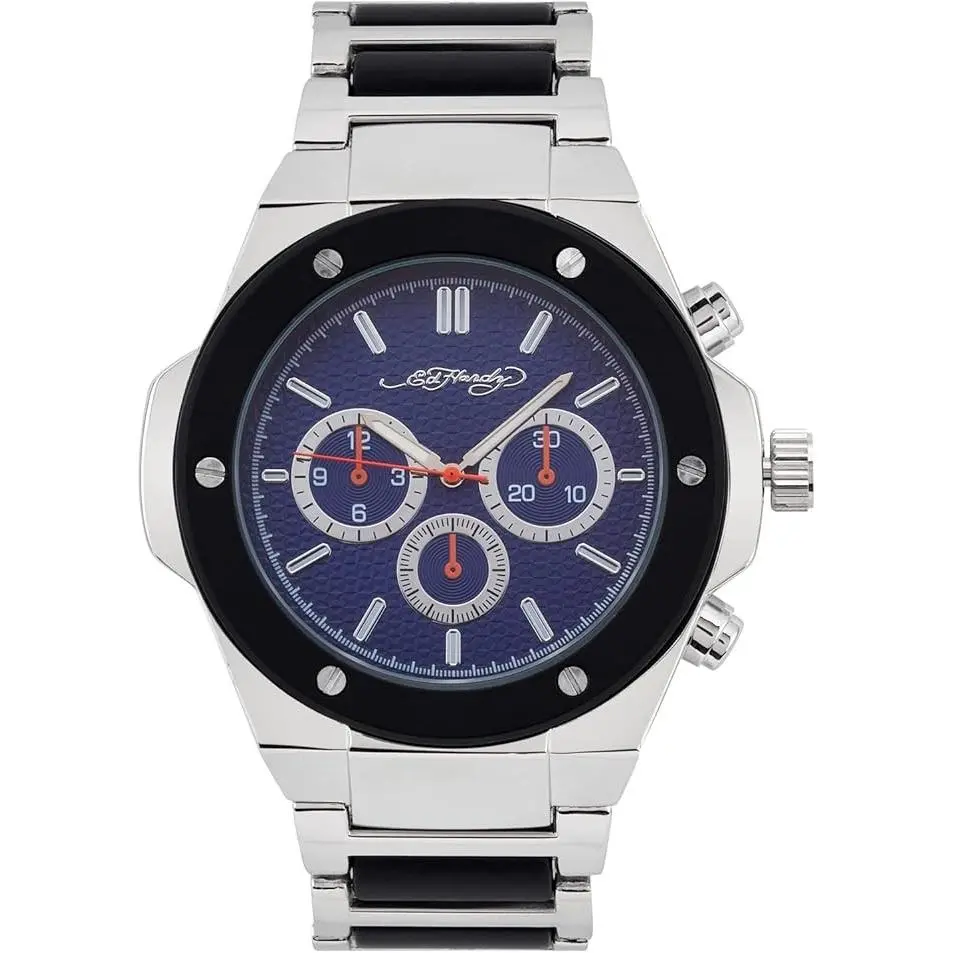 Men`s Silver Tone Bracelet Watch Blue Dial Black Bezel Quartz by Ed Hardy